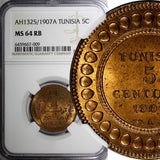 Tunisia Muhammad V Bronze AH1325//1907 A 5 Centimes NGC MS64 RB KM# 235 (009)