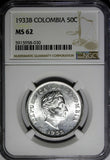 Colombia Silver 1933 B 50 Centavos NGC MS62 LAST YEAR FOR TYPE KM# 193.1 (030)