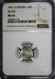 SWEDEN Gustaf V Silver 1941-G 10 Ore NGC MS63 WWII Issue Light Toned KM# 780