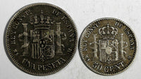 Spain Alfonso XII LOT OF 2 COINS 1883 Peseta ,1880 M 50 Centimos KM# 686,KM# 685