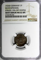 Germany - Weimar 1924 D 1 Reichspfennig NGC MINT ERROR MS62 BN KM# 37 (036)