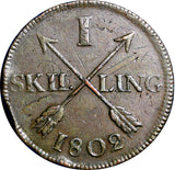 SWEDEN COPPER 1802  1 SKILLING OVERSTRUCK ON 2 ORE S.M. 1743-1768  KM#566 (2419)