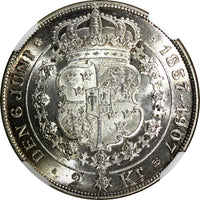 SWEDEN Oscar II Silver 1907 EB 2 Kronor NGC MS63 Golden Wedding Anniv.KM#776 (7)