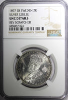 SWEDEN Silver Jubilee Oscar II 1897 EB 2 Kronor NGC UNC DETAILS KM# 762 (24)