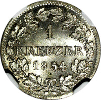 Germany BAVARIA Ludwig I Silver 1854 1 Kreuzer NGC MS65 Mint Luster KM#799 (071)