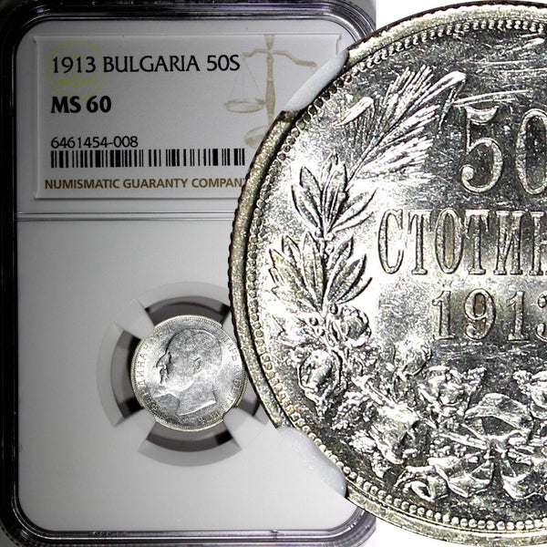 Bulgaria Ferdinand I Silver 1913 50 Stotinki NGC MS60 LightToned KM# 30 (008)