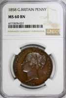 GREAT BRITAIN Victoria Copper 1858 1 Penny NGC MS60 BN  KM# 739