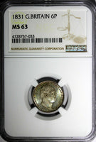 GREAT BRITAIN William IV Silver 1831 6 Pence NGC MS63 1st Year for Type KM# 712