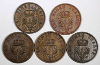German States PRUSSIA Copper LOT OF 5 COINS 1867-1872 3 Pfennig KM# 482 (19 454)