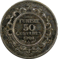 Tunisia Ali III Silver 1309 (1891) A 50 Centimes 1st Year Type XF  KM# 223 (945)