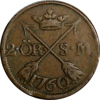 SWEDEN Adolf Frederick (1751-1771) 1760 S.M. 2 Ore Mintage-558,000 KM#461 15101