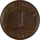Germany - Empire Wilhelm II Copper 1911 A 1 Pfennig Berlin Mint UNC KM# 10 (247)