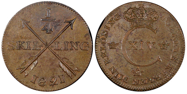 Sweden Carl XIV Johan Copper 1821 1/4 Skilling aUNC KM# 595 (21 224)