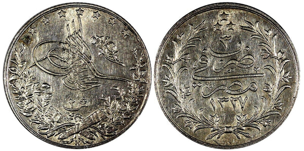 Egypt Muhammad V Silver AH1327//3 H (1911) 2 Qirsh Mint-300,00,ch.XF KM# 307 (8)