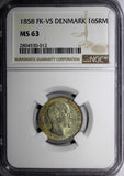 Denmark Frederik VII Silver 1858 FK-VS 16 Skilling Rigsmont NGC MS63 KM# 765(12)