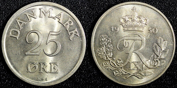 Denmark Frederik IX Copper-Nickel 1950 N; S 25 Ore UNC/BU  KM# 842.1 (23 800)
