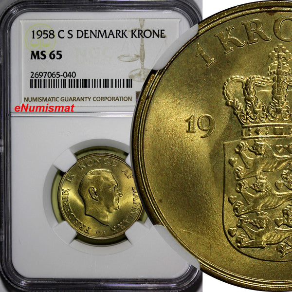 DENMARK Frederik IX Aluminum-Bronze 1958 C S 1 Krone NGC MS65 KM# 837.2 (040)