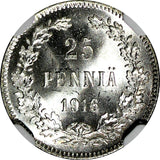 Finland Nicholas II Silver 1916 S 25 Pennia NGC MS66 GEM BU KM #6.2 (049)