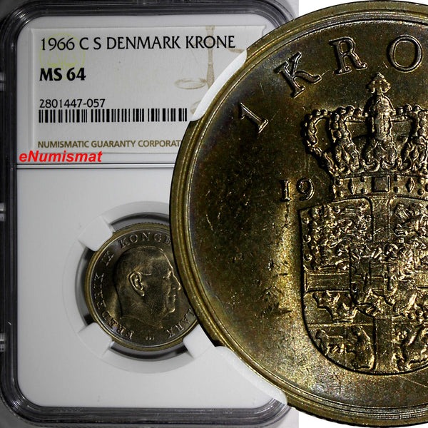 Denmark 1966 CS 1 Krone NGC MS64 TOP GRADED RAINBOW NICE TONING KM# 851.1 (57)