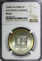 Colombia 1968 B 5 Pesos Eucharistic Congress NGC MS66 TOP GRADED KM# 230 (009)