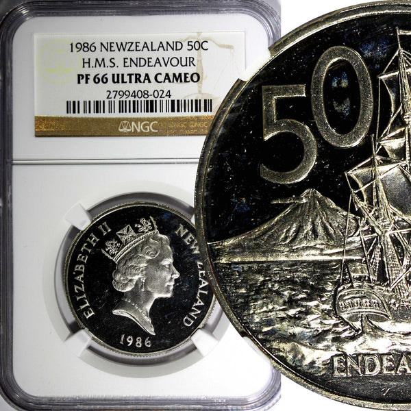 New Zealand Elizabeth II  PROOF 1986 50 Cents NGC PF66 ULTRA CAMEO KM# 63 (024)