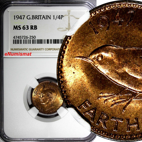 Great Britain George VI Bronze 1947 Farthing NGC MS63 RB KM# 843 (250)