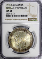 SWEDEN Silver 1935 5 Kronor NGC MS62 500th Anniversary of Riksdag KM# 806 (049)