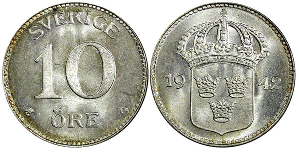 Sweden Gustaf V (1907-1950) Silver 1942 G 10 Öre Last Year GEM BU KM# 780 (078)