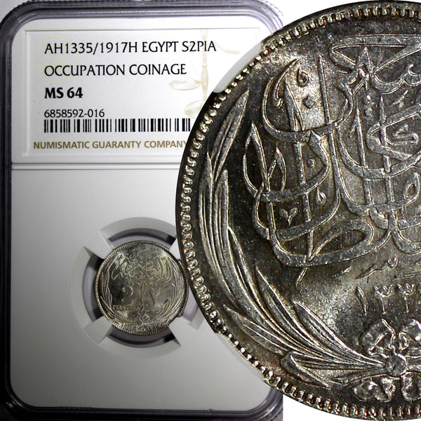 Egypt Occupation Coinage Silver AH1335/1917 H 2 Piastres NGC MS64 KM# 317.2 (16)