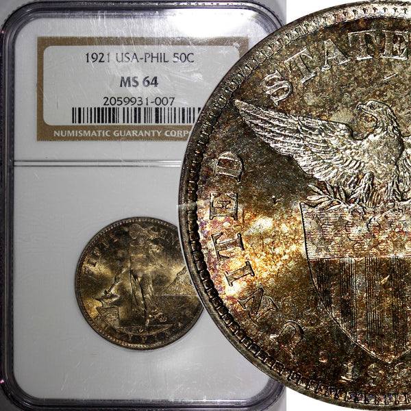 Philippines Silver 1921  50 Centavos NGC MS64 Manila Nice Gold Toning KM#171 (7)