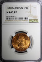 Great Britain Elizabeth II Bronze 1958 1/2 Penny NGC MS65 RD FULL RED KM#896 (1)