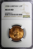 Great Britain Elizabeth II Bronze 1958 1/2 Penny NGC MS65 RD FULL RED KM#896 (1)