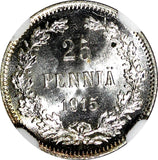 FINLAND Nicholas II Silver 1915 S 25 Pennia NGC MS66 WWI GEM BU KM #6.2 (04)