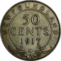 Canada NEWFOUNDLAND George V Silver 1917 C 50 Cents Light Toned KM# 12 (18 841)