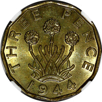 Great Britain George VI Brass 1944 3 Pence NGC MS63 KM# 849 (032)