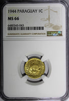 Paraguay Aluminum-Bronze 1944 1 Centimo NGC MS66 1 GRADED HIGHEST KM# 20 (043)