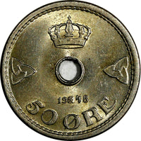 Norway Haakon VII Copper-Nickel 1948 50 Ore aUNC Nice Toned KM# 386 (17 310)