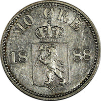Norway Oscar II Silver 1888 10 Ore Mintage-500,000 KEY DATE SCARCE KM# 350