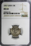 Russia USSR Copper-Nickel 1957 15 Kopeks NGC MS64 1 YEAR TYPE Y# 124 (51)