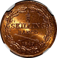 SWEDEN Oscar I Copper 1849 1/6 Skilling Mintage-536,544 NGC MS64 RB KM# 656 (11)