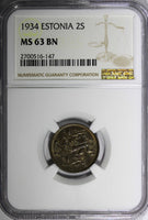 ESTONIA Bronze 1934 2 Senti NGC MS63 BN 1 YEAR TYPE NICE TONED KM# 15 (147)