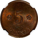Finland Copper 1929 5 Penniä NGC MS63 RB TOP  GRADED KM# 22 (030)
