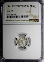 Denmark Christian VIII Silver 1842 K FF 3 Rigsbankskilling NGC MS64 KM# 729 (5)