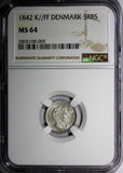 Denmark Christian VIII Silver 1842 K FF 3 Rigsbankskilling NGC MS64 KM# 729 (5)