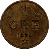 SWEDEN Oscar II 1894 1 Ore Mintage-590,000 Large Letters RARE DATE KM#750 (867)