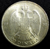 Yugoslavia Petar II Silver 1938 20 Dinara 1 Year Type High Grade KM# 23 (23 771)
