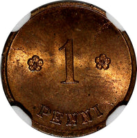 Finland Copper 1919 1 Penni NGC MS65 RB 1st Year Type TOP GRADED KM# 23 (043)