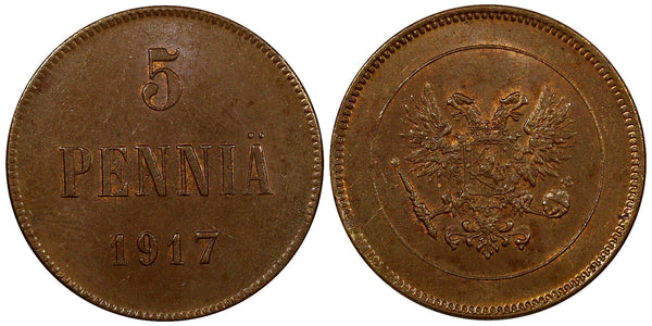 FINLAND Civil War Coinage Nicholas II 1917 5 Penniä UNC 25mm KM# 17 (20 883)
