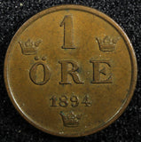 SWEDEN Oscar II 1894 1 Ore Mintage-590,000 Large Letters RARE DATE KM#750 (160)