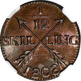 SWEDEN Gustaf IV Copper 1808 1/12 Skilling NGC MS65 RB TOP GRADED KM# 563 (015)